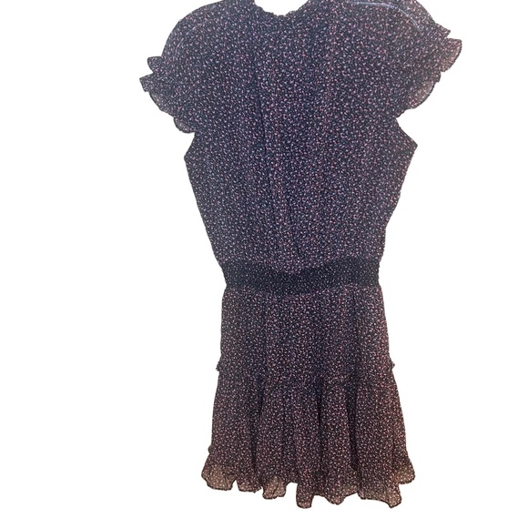 REBECCA MINKOFF Mini Dress Size S Black Pink Floral Ruffled Smocked Tiered - Picture 10 of 11